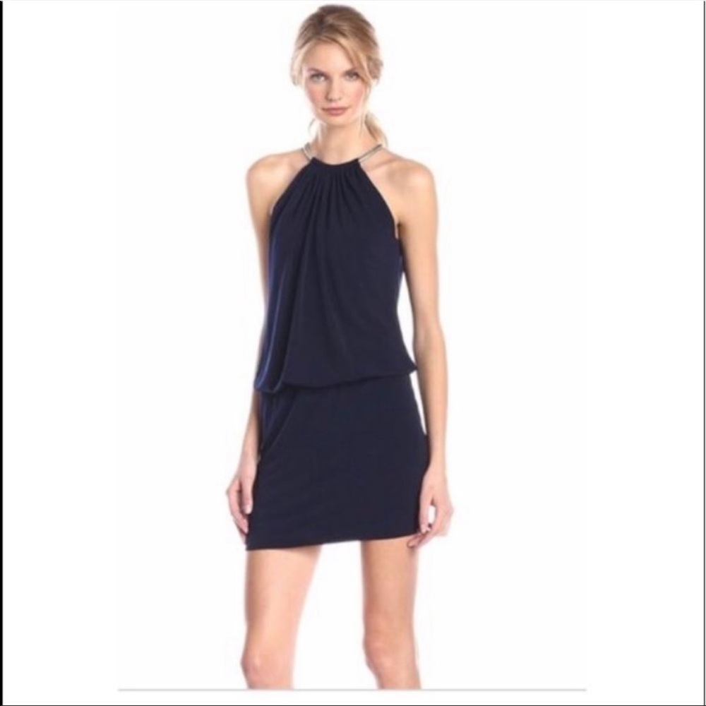 Navy blue dress with gold collar
